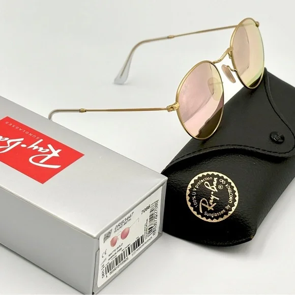 Round Lens Ray-Ban Sunglasses Pink Mirror Lens Matte Gold Frame RB3447 50-21-145 Round Lens Ray-Ban Sunglasses Pink Mirror Lens Matte Gold  main image 2